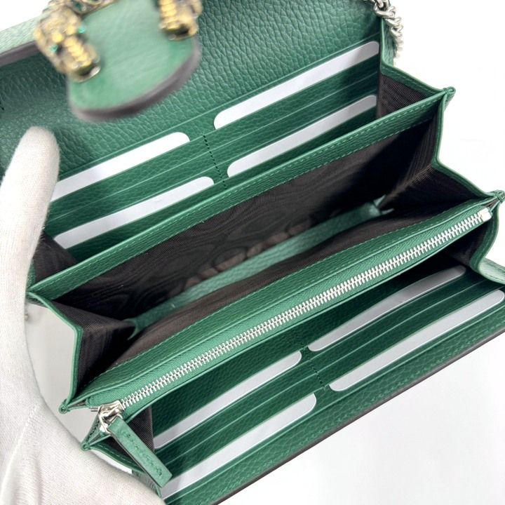 Gucci Dionysus Chain Wallet Leather Green Silver