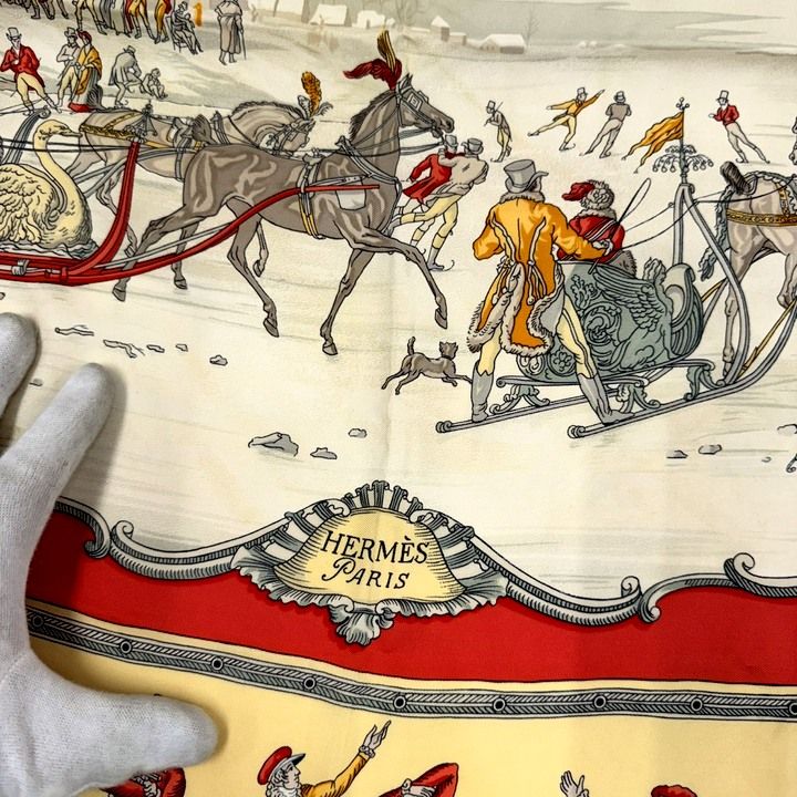 Hermes Carre 90 Joy on Ice Plaisirs du Froid Red Ivory Silk Scarf :red