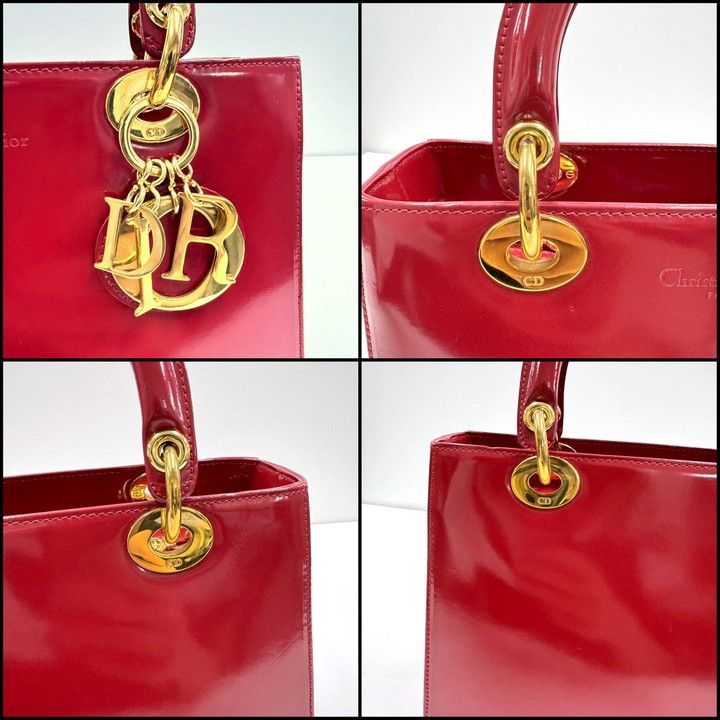 Dior Handbag Smooth Enamel Leather Red Gold :red