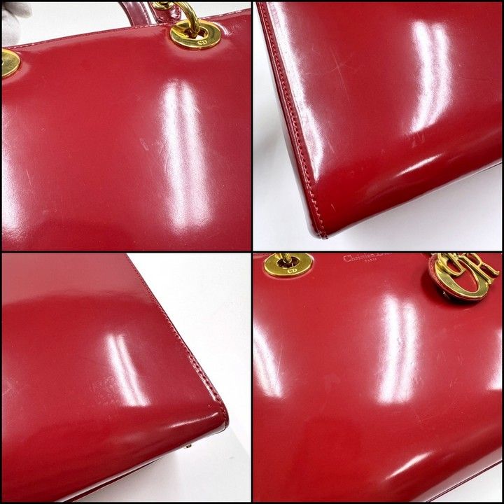 Dior Handbag Smooth Enamel Leather Red Gold :red