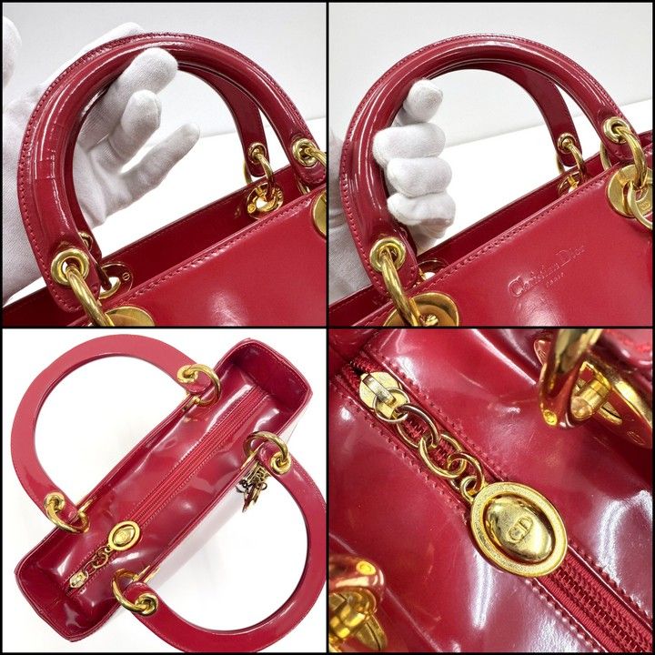 Dior Handbag Smooth Enamel Leather Red Gold :red