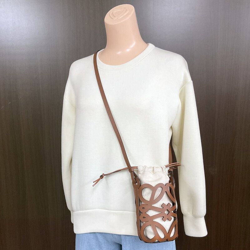 Loewe Anagram Cutout Pocket Shoulder Brown Leather Canvas