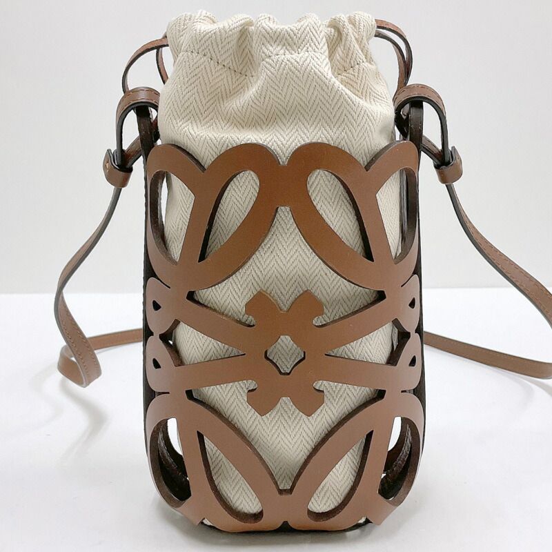 Loewe Anagram Cutout Pocket Shoulder Brown Leather Canvas