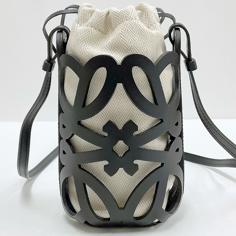 Loewe Anagram Cutout Pocket Shoulder Black Leather Canvas