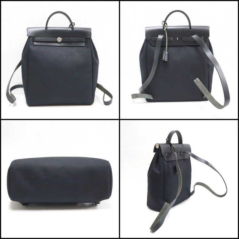 Hermes Herbag a Dos PM Black Silver Toile Officier Vache