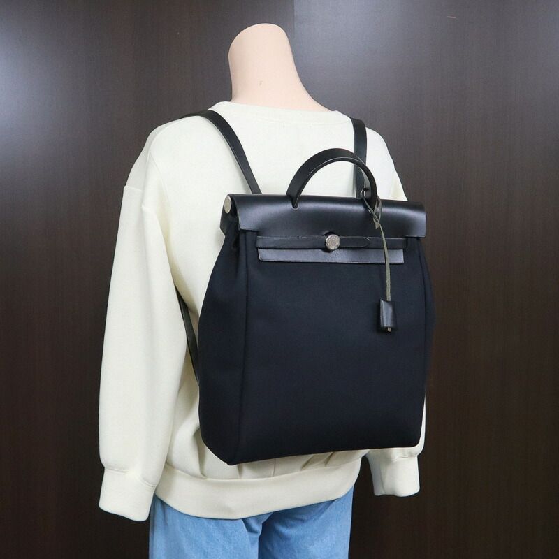 Hermes Herbag a Dos PM Black Silver Toile Officier Vache