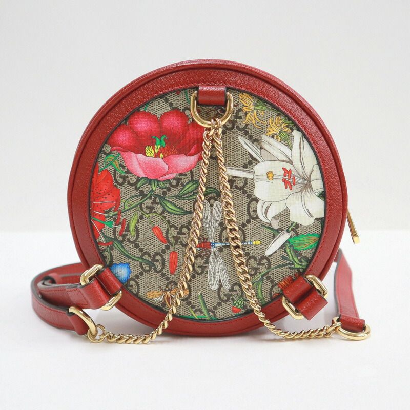 Gucci Mini Circle Backpack Ophidia GG Flora Leather Khaki Red