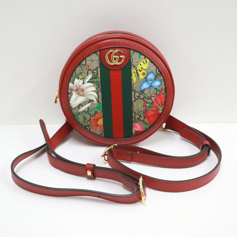 Gucci Mini Circle Backpack Ophidia GG Flora Leather Khaki Red