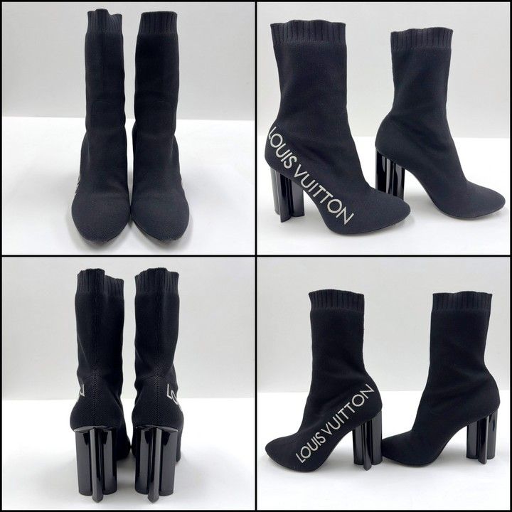 Louis Vuitton Sock Boots Ankle Logo Embroidery Black 37.5