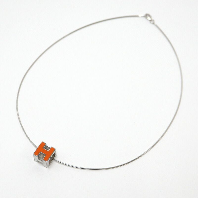 Hermes Cage Ash Necklace Cube Silver Orange :silver
