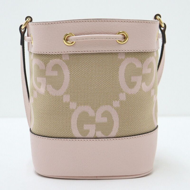 Gucci Jumbo GG Mini Bucket Shoulder Bag Beige Pink Canvas Leather X