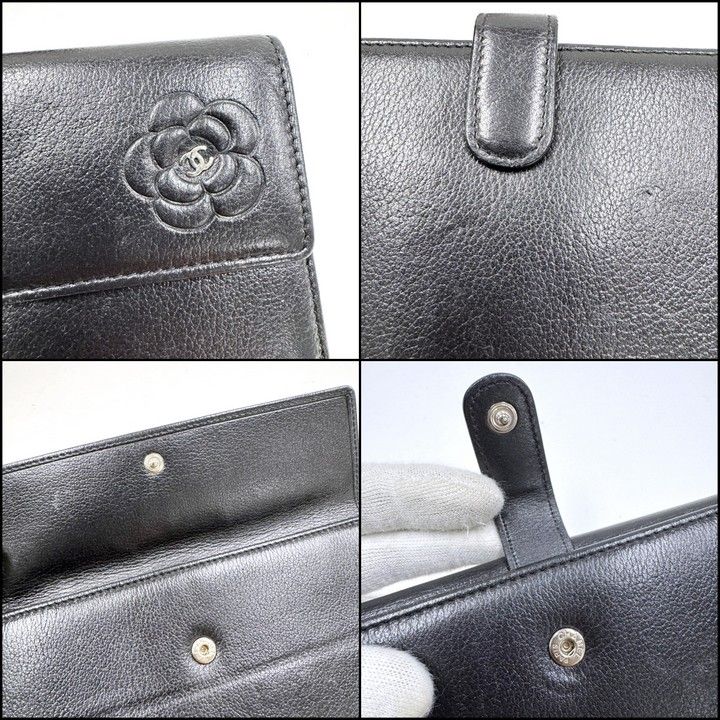 Chanel Butterfly Camellia Wallet Leather Black Silver