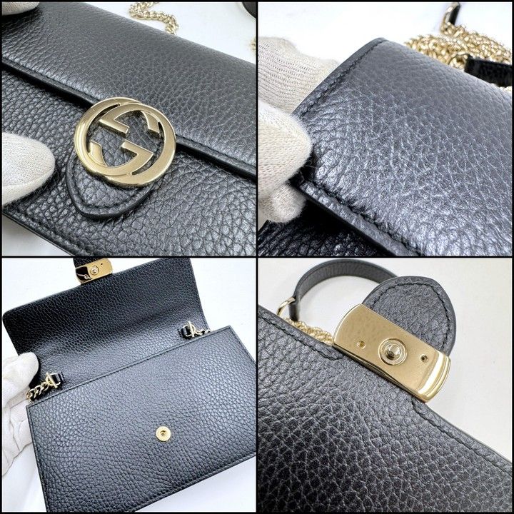 Gucci Interlocking Chain Wallet Black Leather Gold
