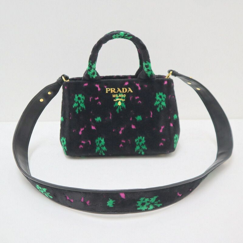 Prada Canapa Mini Tote Black Pink Green Gold Velour Leather