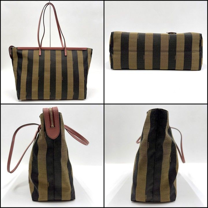 Fendi Pecan Tote Khaki Dark Pink Canvas Leather