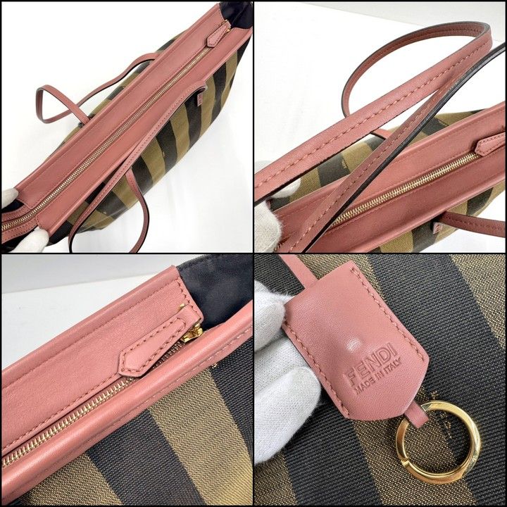 Fendi Pecan Tote Khaki Dark Pink Canvas Leather