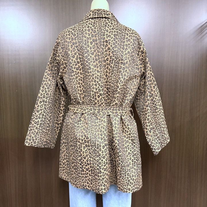 Fendi Jeans Chesterfield Coat Leopard Print Polyester Cotton Brown Black