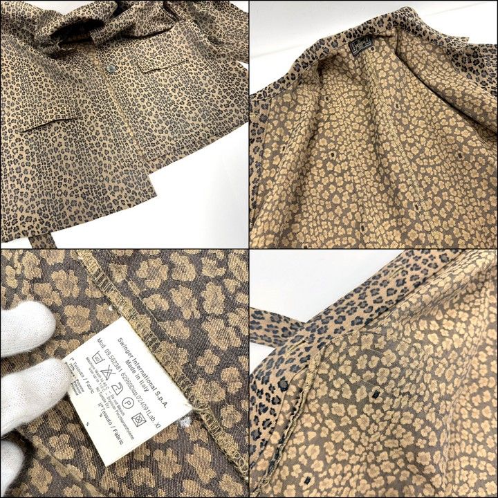 Fendi Jeans Chesterfield Coat Leopard Print Polyester Cotton Brown Black
