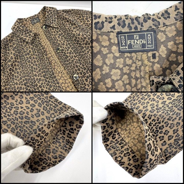 Fendi Jeans Chesterfield Coat Leopard Print Polyester Cotton Brown Black