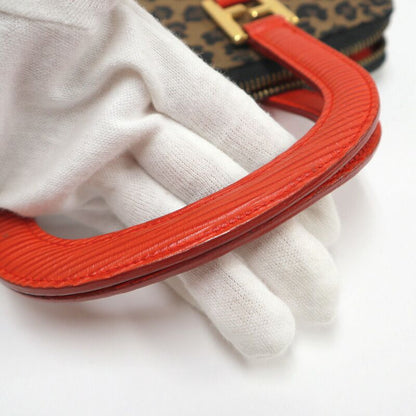Fendi Handbag Leopard Print Canvas Leather Brown Red