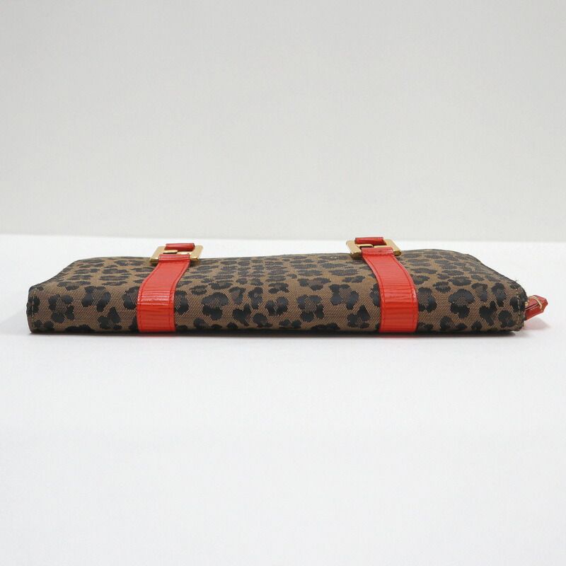 Fendi Handbag Leopard Print Canvas Leather Brown Red