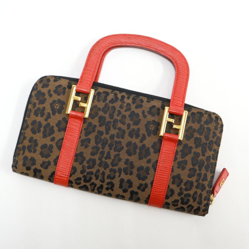 Fendi Handbag Leopard Print Canvas Leather Brown Red