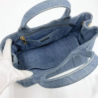 Prada Mini Canapa Tote 2-Way Shoulder Bag Denim Navy Gold