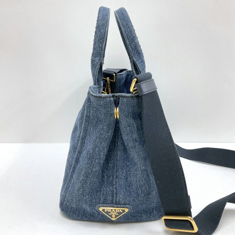 Prada Mini Canapa Tote 2-Way Shoulder Bag Denim Navy Gold