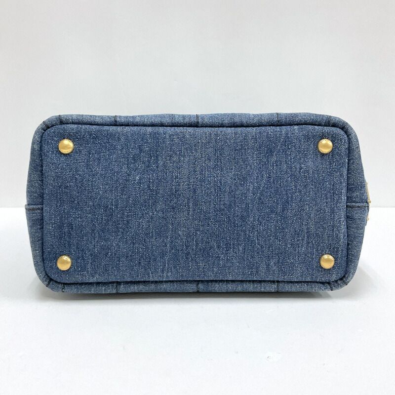 Prada Mini Canapa Tote 2-Way Shoulder Bag Denim Navy Gold