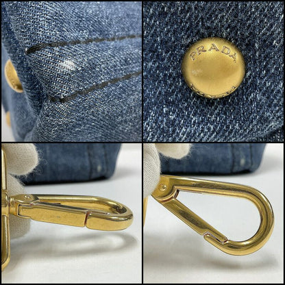 Prada Mini Canapa Tote 2-Way Shoulder Bag Denim Navy Gold