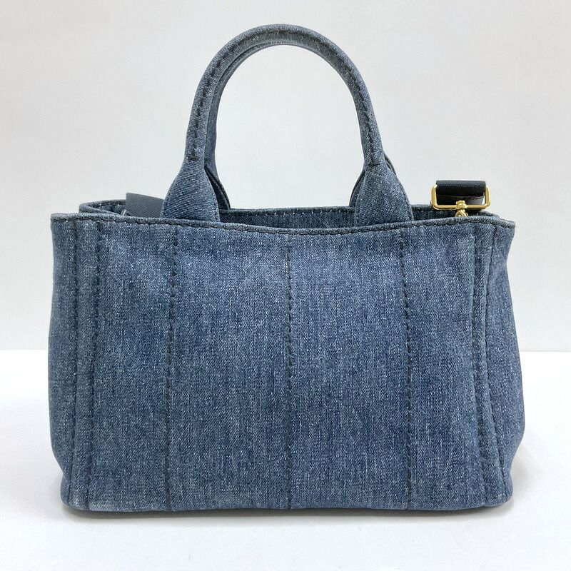 Prada Mini Canapa Tote 2-Way Shoulder Bag Denim Navy Gold