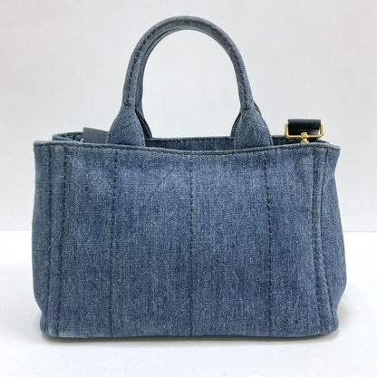 Prada Mini Canapa Tote 2-Way Shoulder Bag Denim Navy Gold