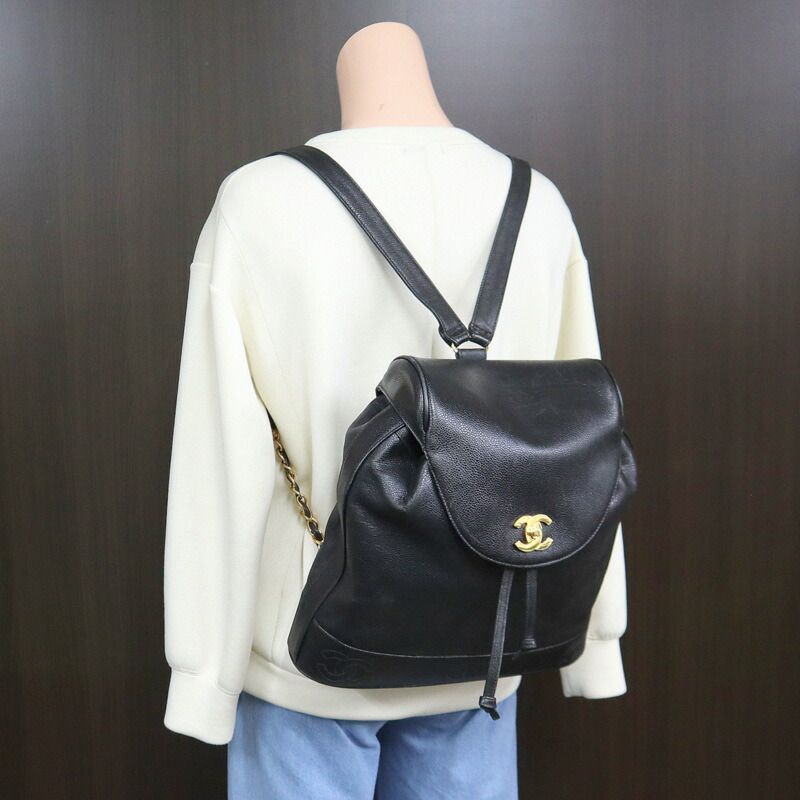 Chanel Backpack CC Logo Caviar Leather Black Gold