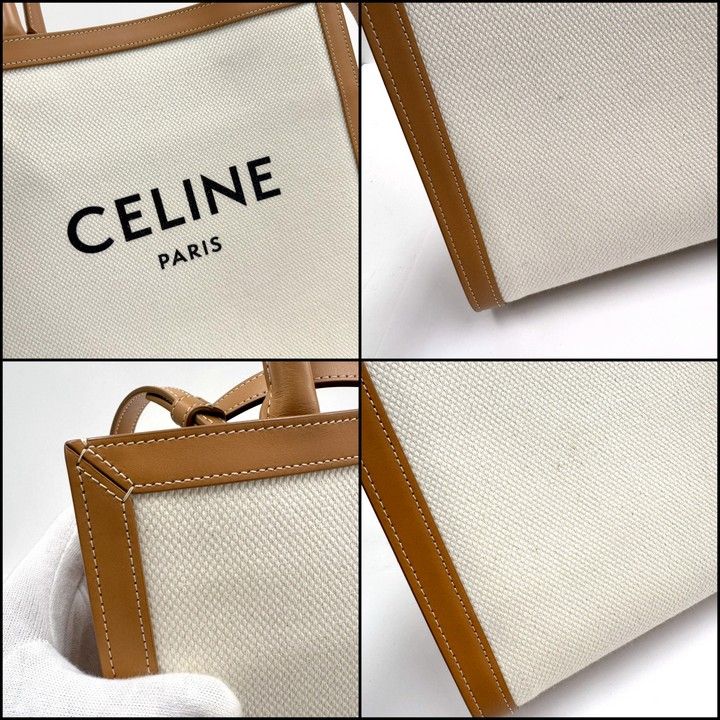 Celine Small Vertical Cover 2-Way Bag Canvas Leather Natural Tan Gold