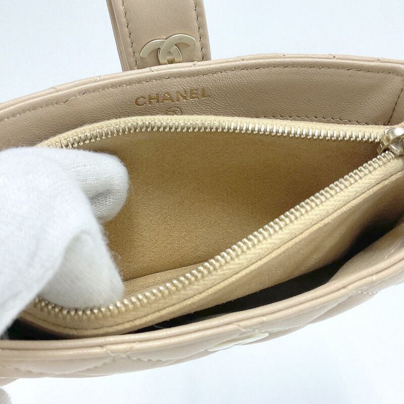 Chanel Quilted Mini Pouch Handbag Lambskin Beige Gold