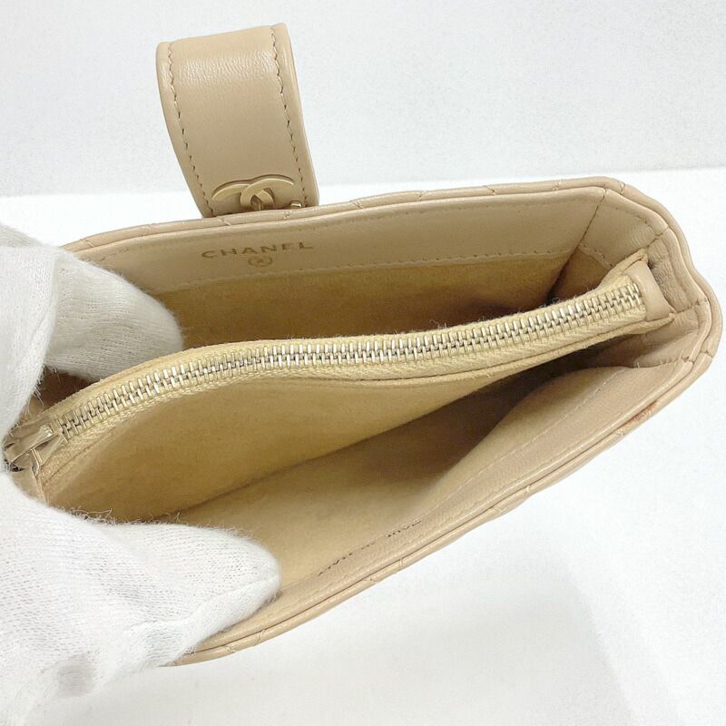 Chanel Quilted Mini Pouch Handbag Lambskin Beige Gold