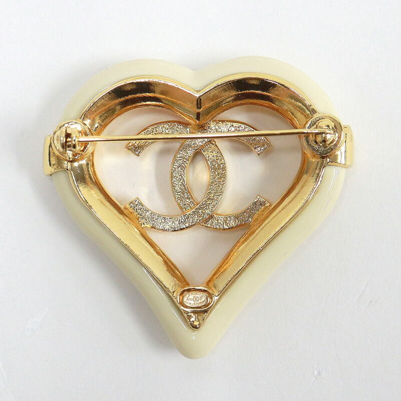 Chanel Heart Brooch CC Gold Plated Beige