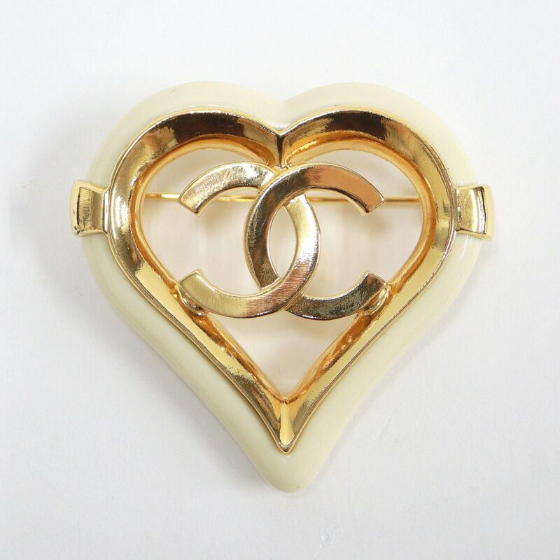 Chanel Heart Brooch CC Gold Plated Beige