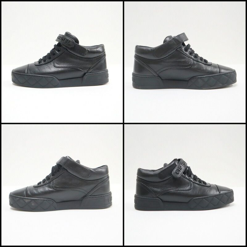 Chanel High Cut Sneakers Shoelace Type Leather Black 37