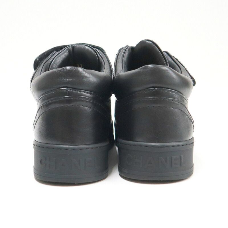 Chanel High Cut Sneakers Shoelace Type Leather Black 37