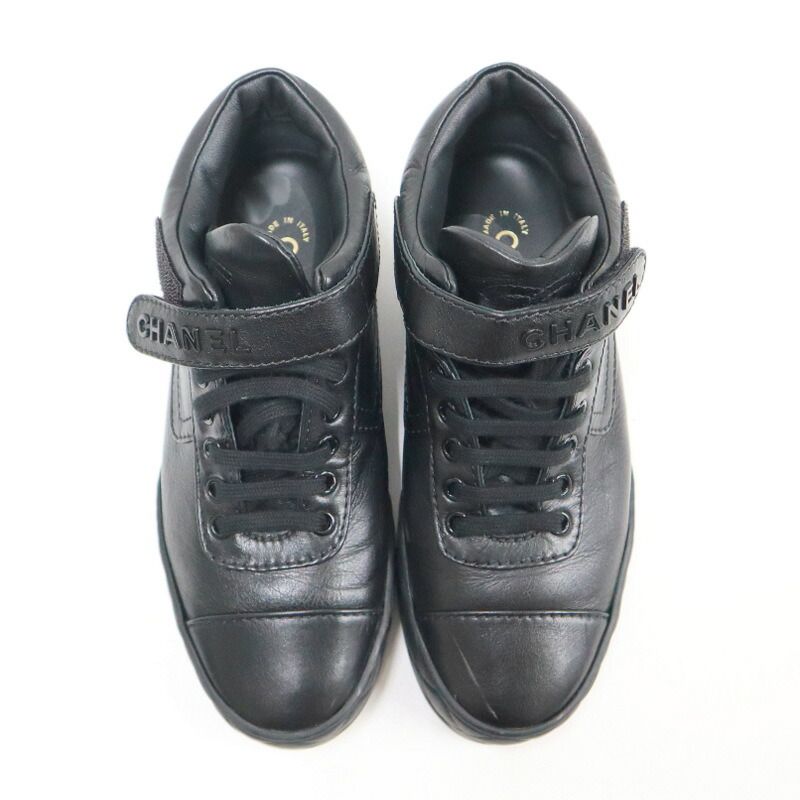 Chanel High Cut Sneakers Shoelace Type Leather Black 37
