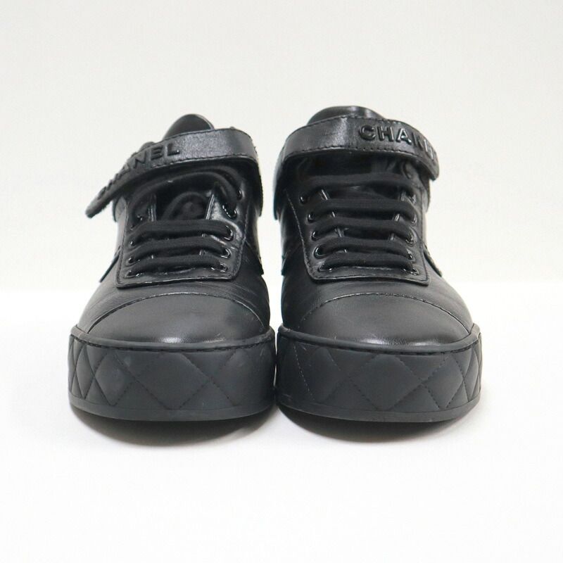 Chanel High Cut Sneakers Shoelace Type Leather Black 37