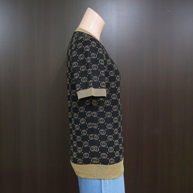 Gucci Top GG Cotton Lam Short Sleeve Black Gold