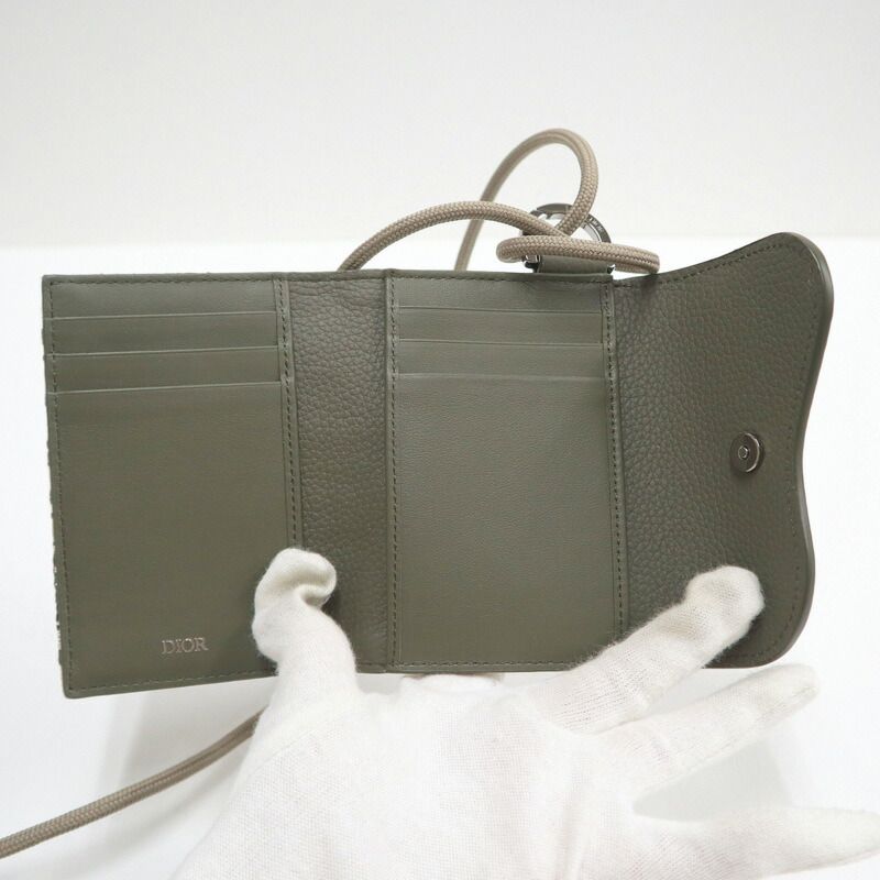 Dior Saddle Flap Card Case Bifold Wallet Canvas Leather Multi Green :multi X