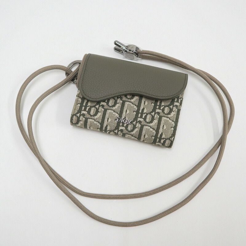 Dior Saddle Flap Card Case Bifold Wallet Canvas Leather Multi Green :multi X