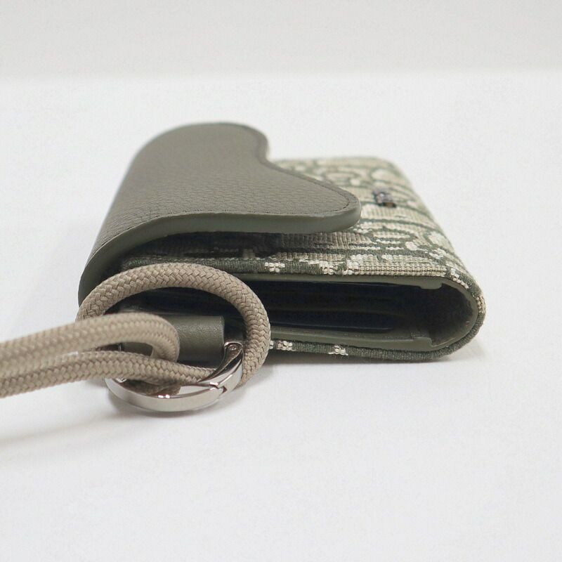 Dior Saddle Flap Card Case Bifold Wallet Canvas Leather Multi Green :multi X