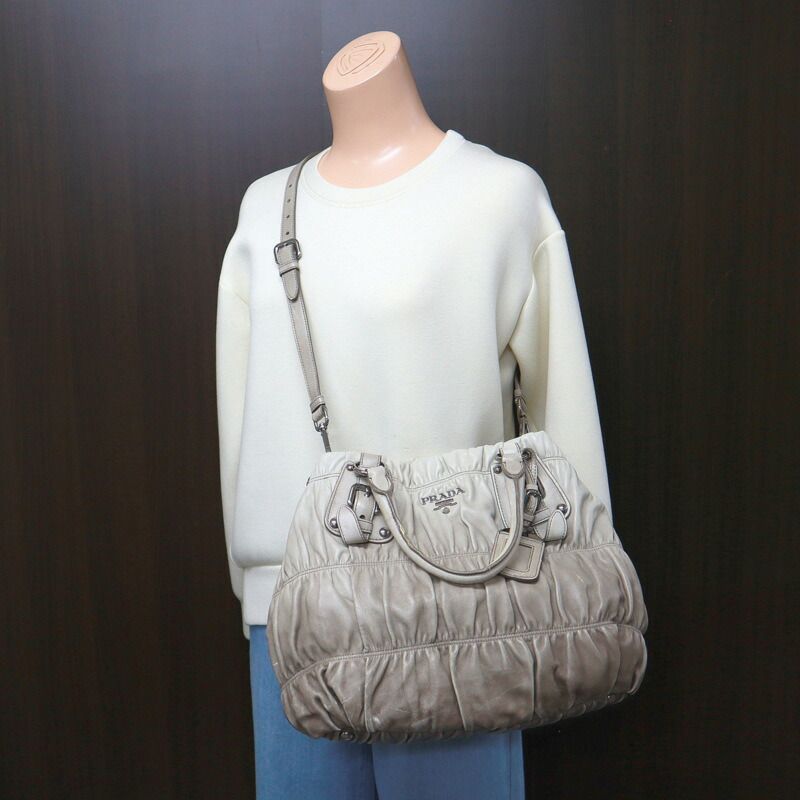 Prada Gathered 2-Way Shoulder Bag Leather Gray Gradient Gradation