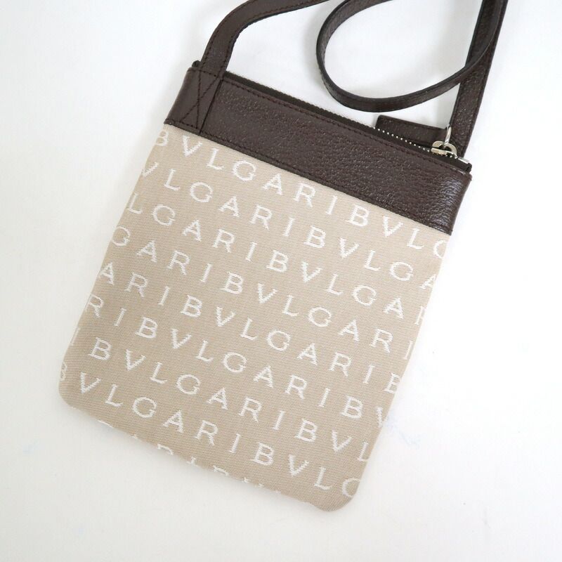 Bvlgari Shoulder Bag Logomania Beige Brown Canvas Leather X