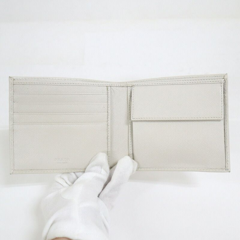Prada Bifold Compact Wallet Saffiano Leather White Silver