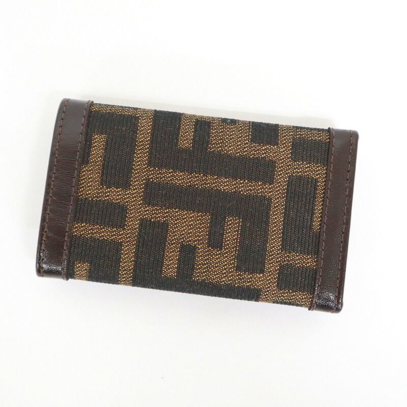 Fendi Key Case 6 Rows Zucca Pattern Leather Canvas Silver Brown Key Holder X Black